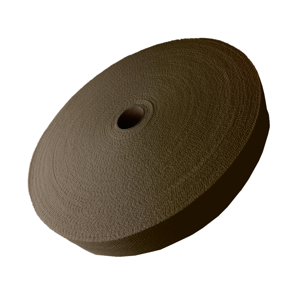olive 1+1/4" cotton webbing on a spool from Heit's Wholesale bulk sewing supply company