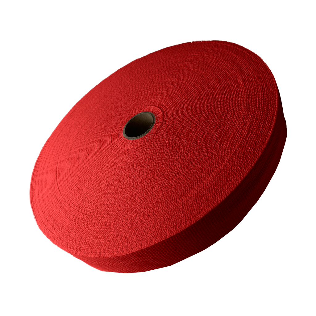 red 1+1/4" cotton webbing on a spool from Heit's Wholesale bulk sewing supply company