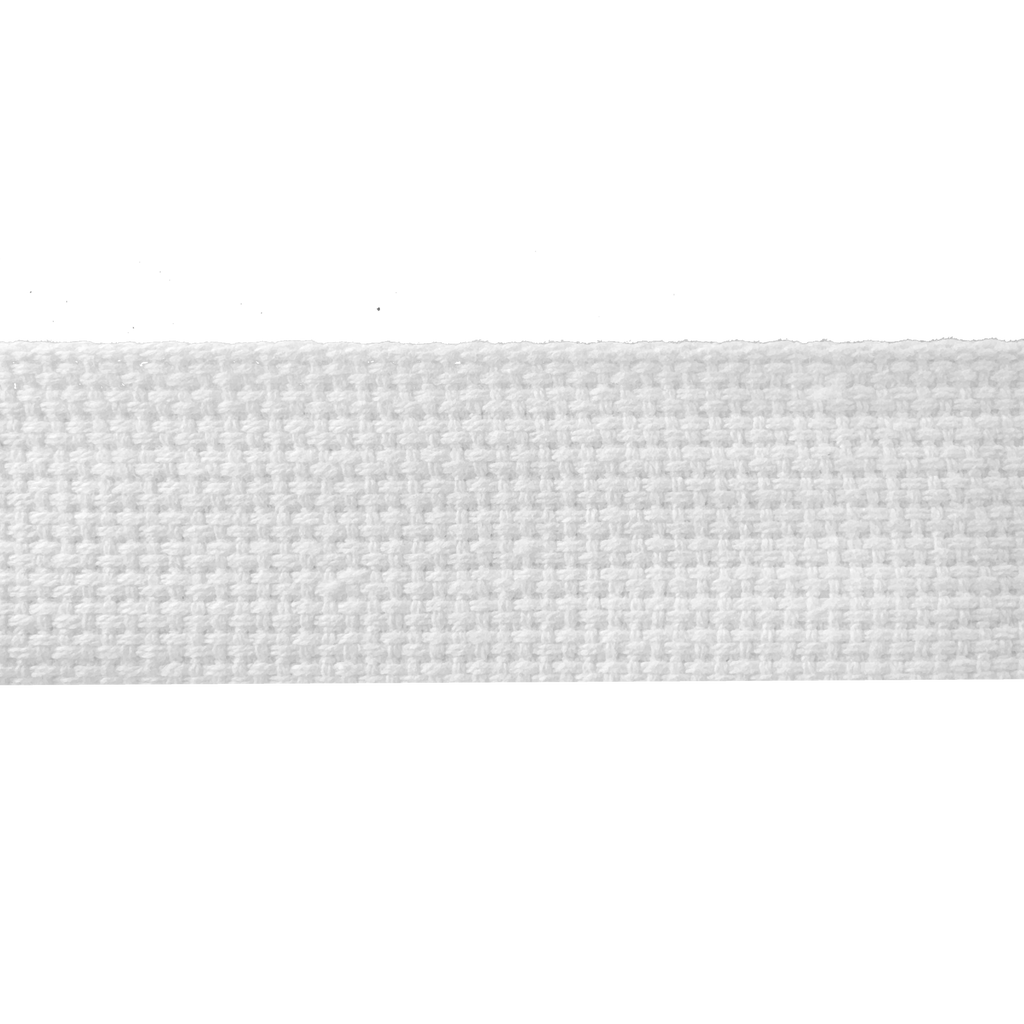 close up of the white 1+1/4" cotton webbing on a spool from Heit's Wholesale bulk sewing supply company
