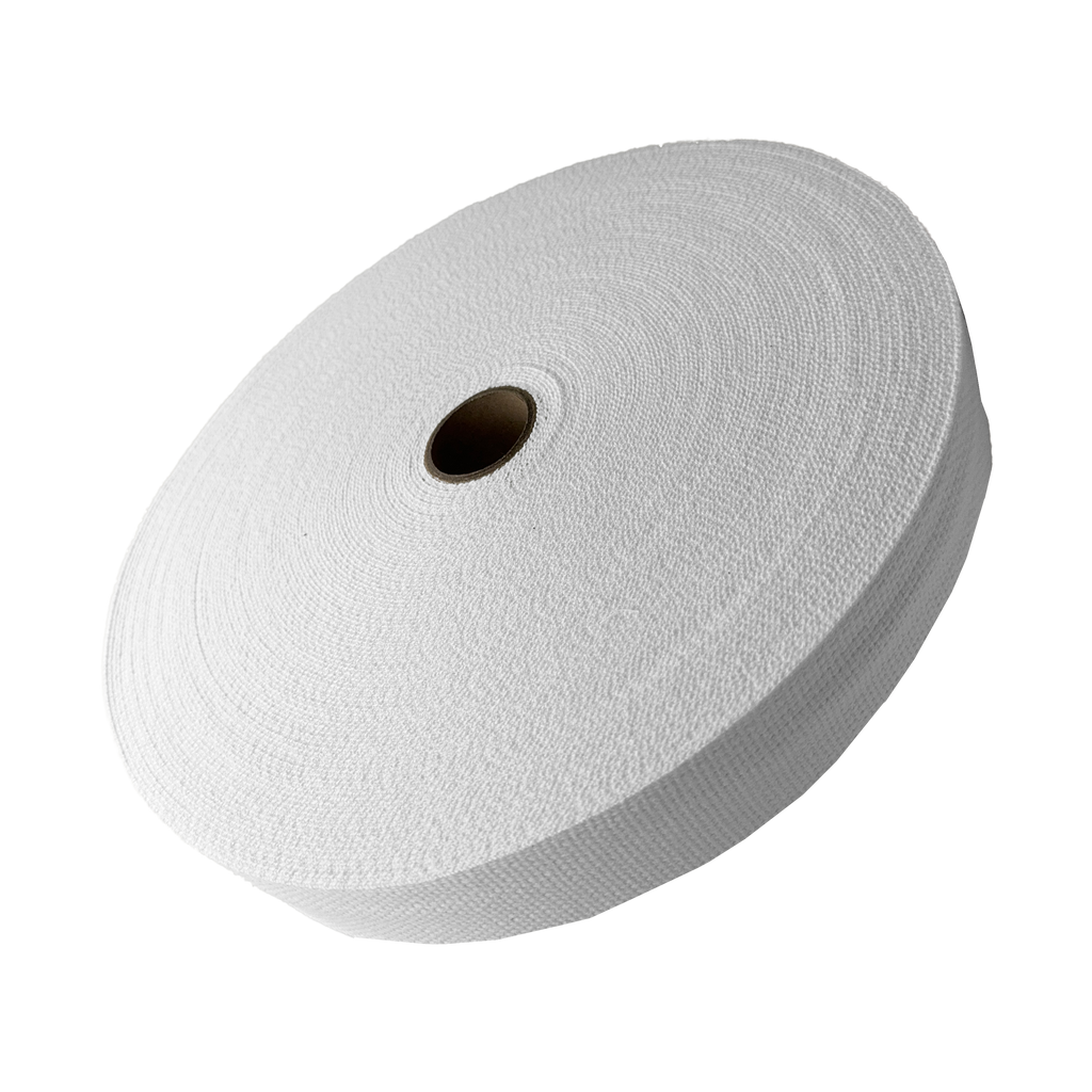 white 1+1/4" cotton webbing on a spool from Heit's Wholesale bulk sewing supply company
