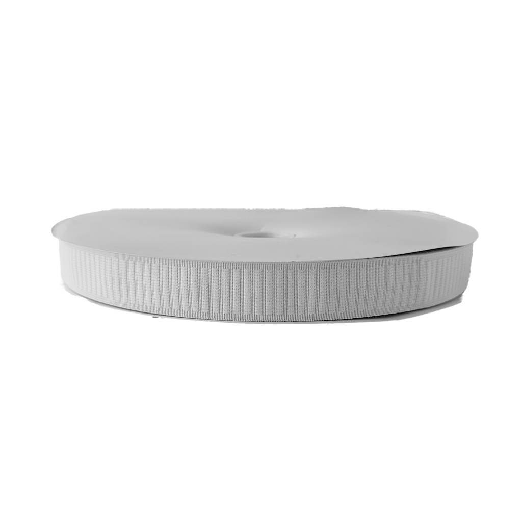 white 1+1/4" non-roll flat rib elastic on a spool from Heit's Wholesale bulk sewing supply company