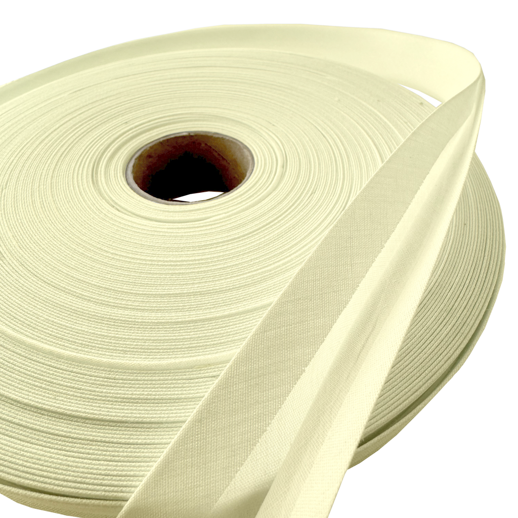 close up of the bamboo 1" double fold bias tape on a roll from Heit's Wholesale bulk sewing supply company