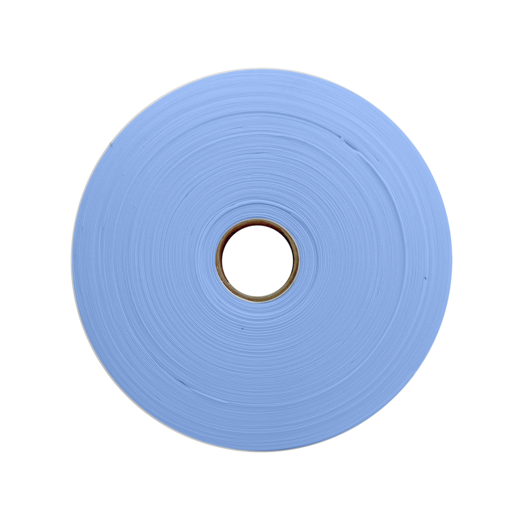 close up of the blue crest 1" double fold bias tape on a roll from Heit's Wholesale bulk sewing supply company