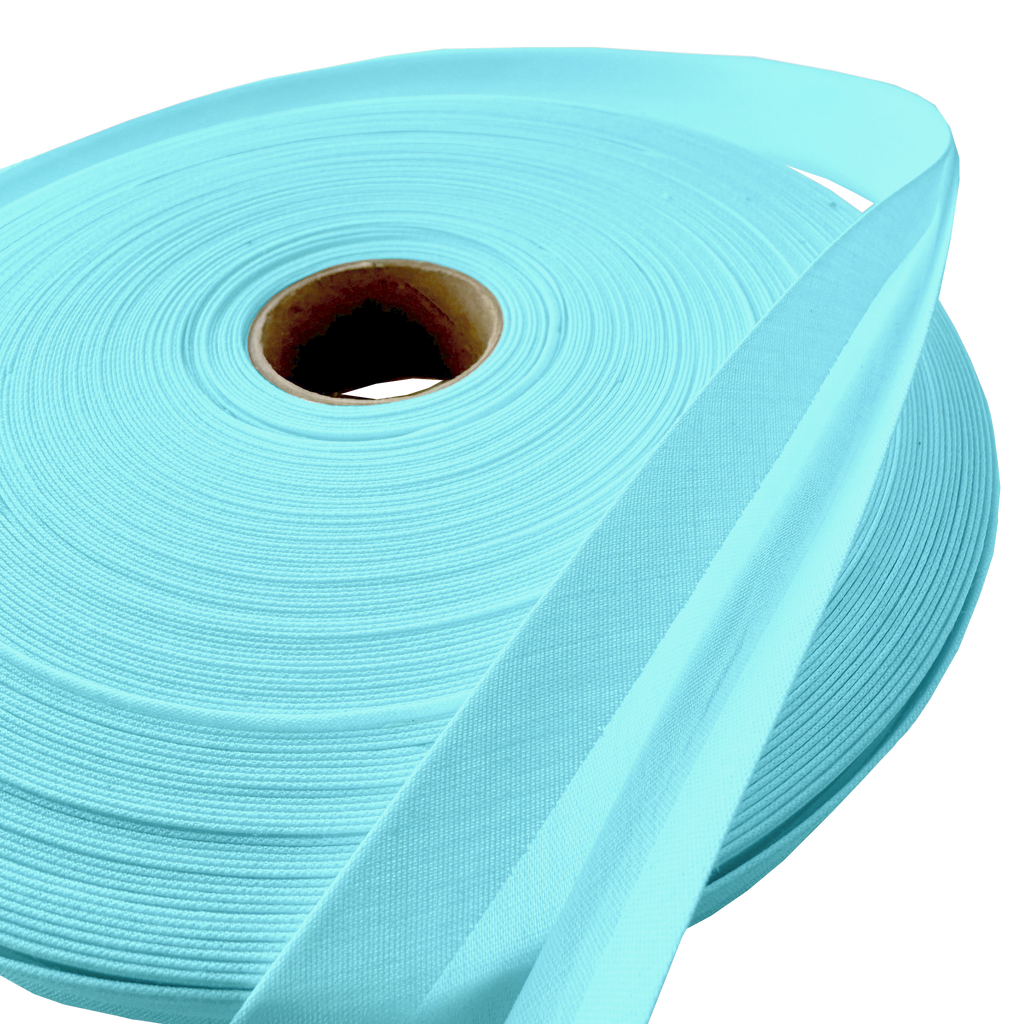 close up of the blue 1" double fold bias tape on a spool from Heit's Wholesale bulk sewing supply company