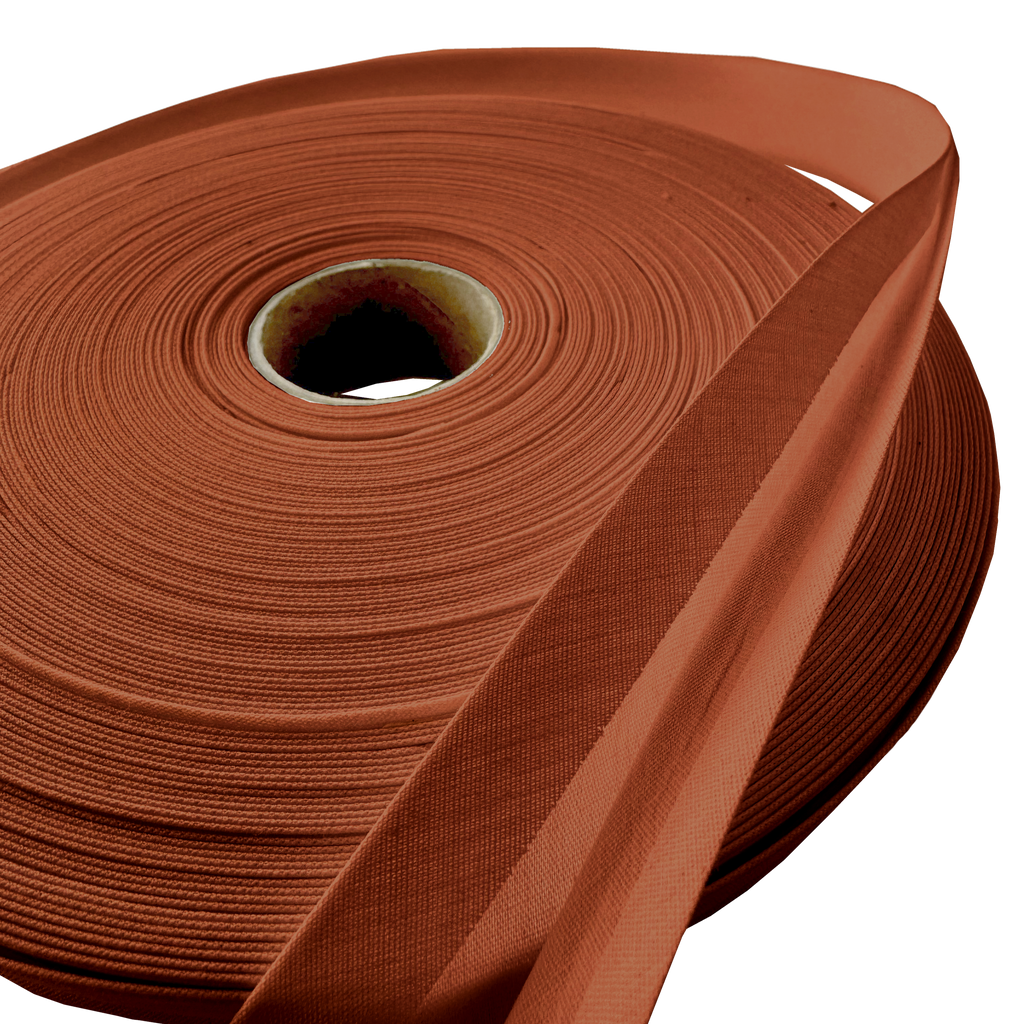 close up of the brown 1" double fold bias tape on a roll from Heit's Wholesale bulk sewing supply company