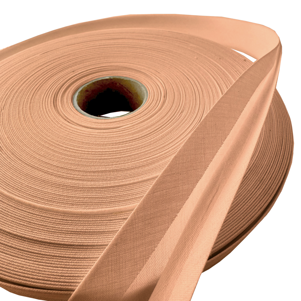 close up of the camel brown 1" double fold bias tape on a roll from Heit's Wholesale bulk sewing supply company