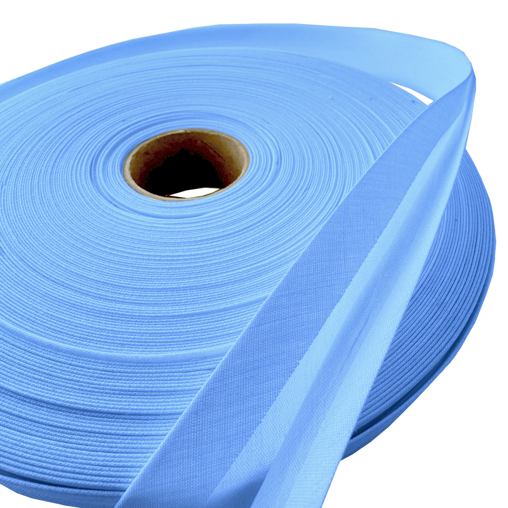 close up of the chalet blue 1" double fold bias tape on a roll from Heit's Wholesale bulk sewing supply company