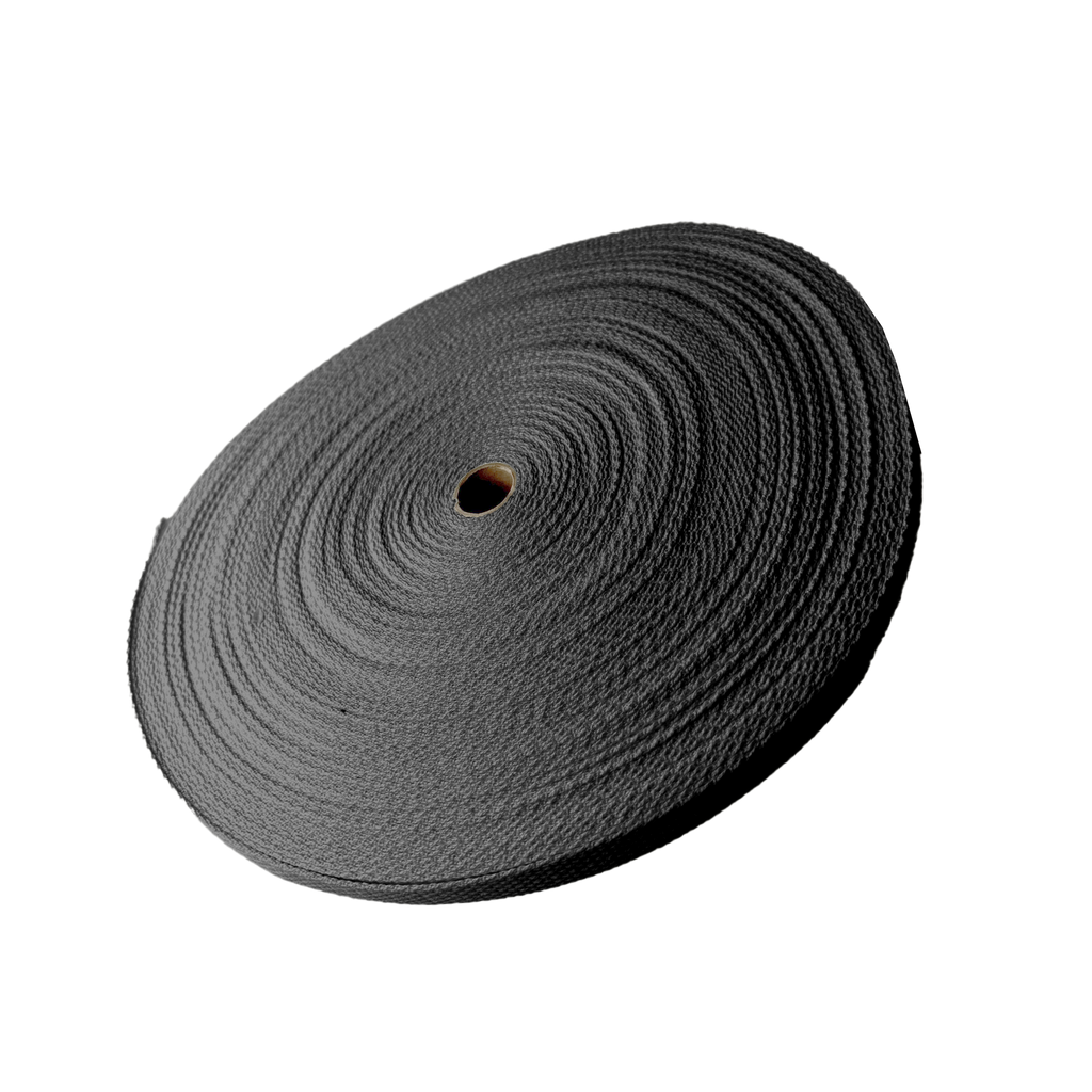 black 1" cotton webbing on a spool from Heit's Wholesale bulk sewing supply company