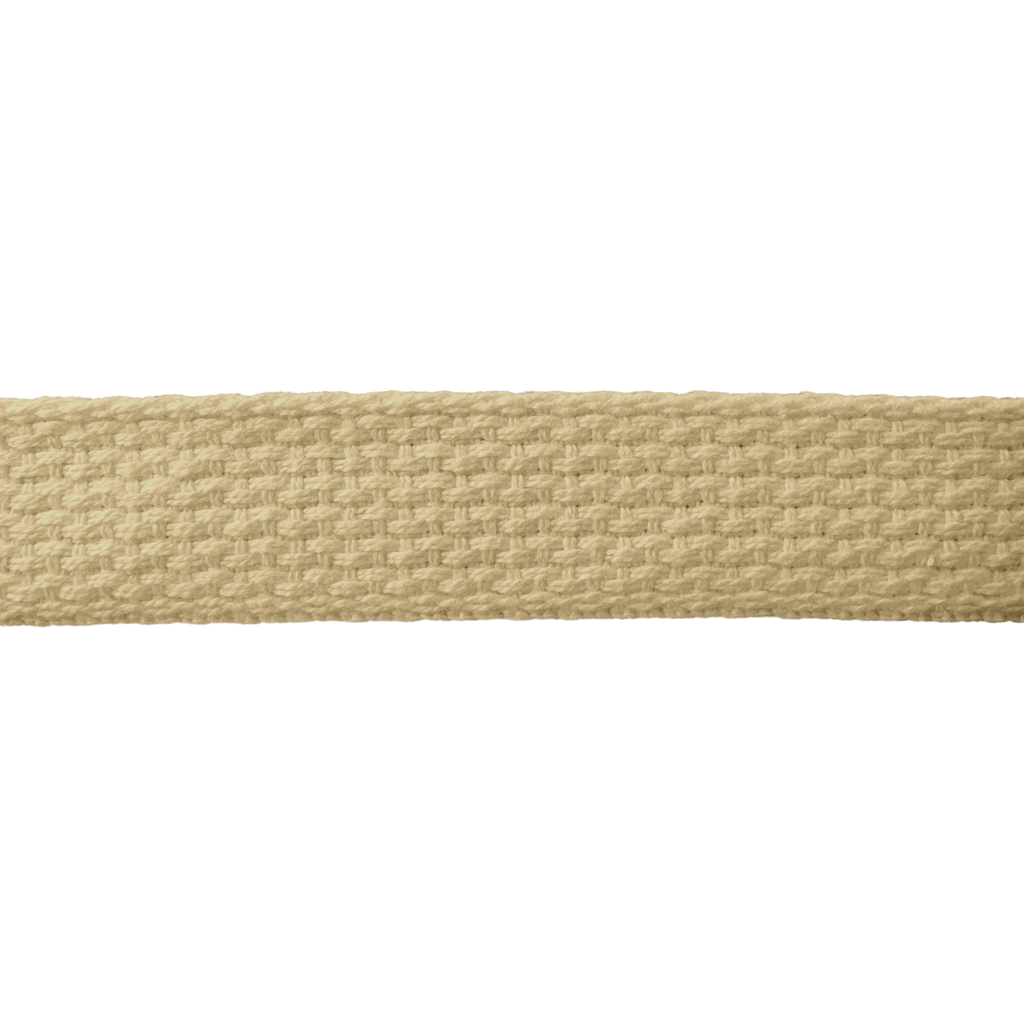 close up of the buff 1" cotton webbing on a spool from Heit's Wholesale bulk sewing supply company