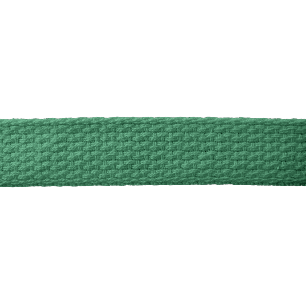 close up of the emerald 1" cotton webbing on a spool from Heit's Wholesale bulk sewing supply company