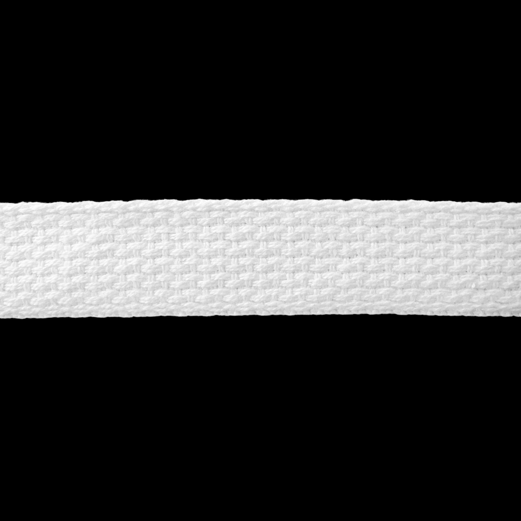 close up of the white 1" cotton webbing on a spool from Heit's Wholesale bulk sewing supply company