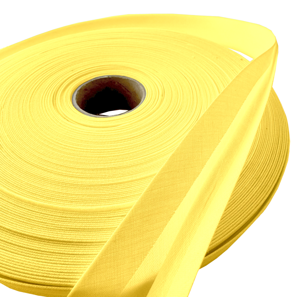 close up of the lemon drop 1" double fold bias tape on a roll from Heit's Wholesale bulk sewing supply company