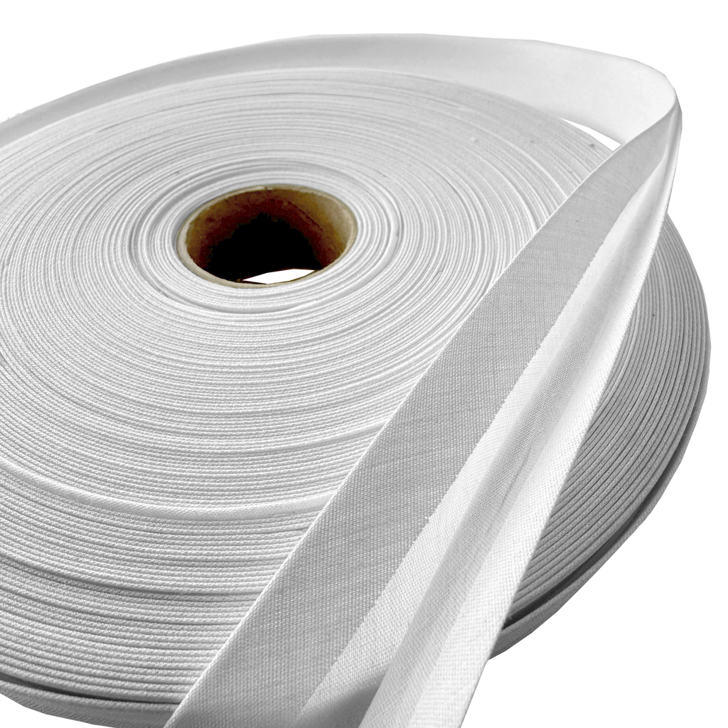 close up of the light gray 1" double fold bias tape on a roll from Heit's Wholesale bulk sewing supply company