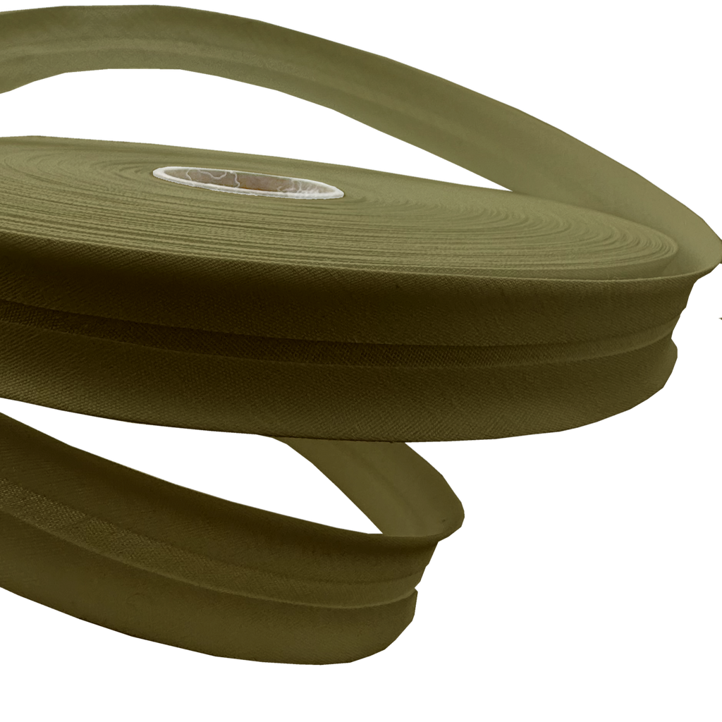 close up of the dark olive 1" no gap single fold bias tape on a roll from Heit's Wholesale bulk sewing supply 