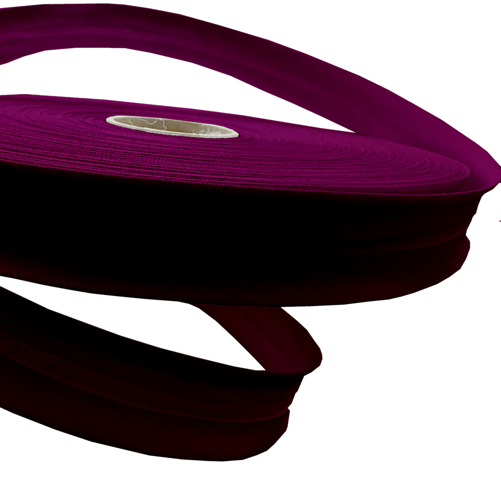 close up of the port wine 1" no gap single fold bias tape on a roll from Heit's Wholesale bulk sewing supply company