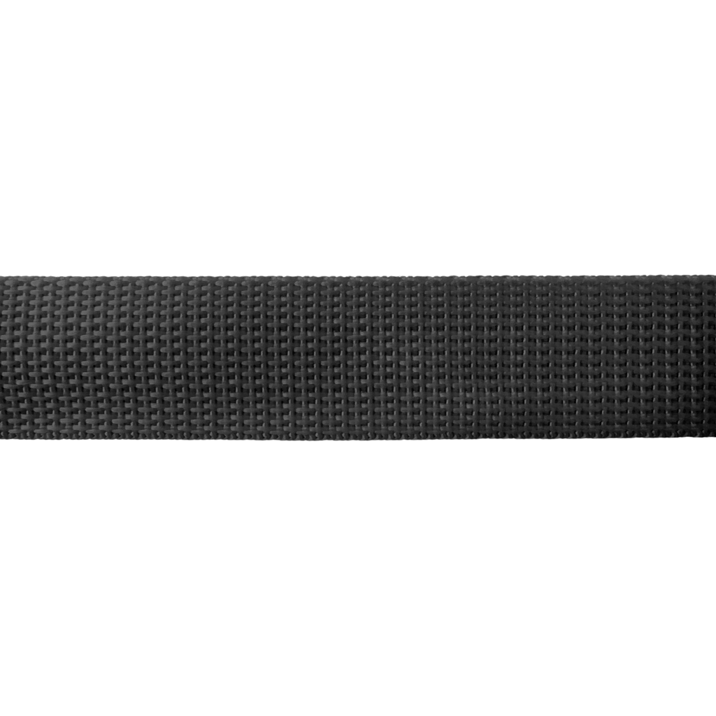 close up of the black 1" polypro webbing on a spool from Heit's Wholesale bulk sewing supply company