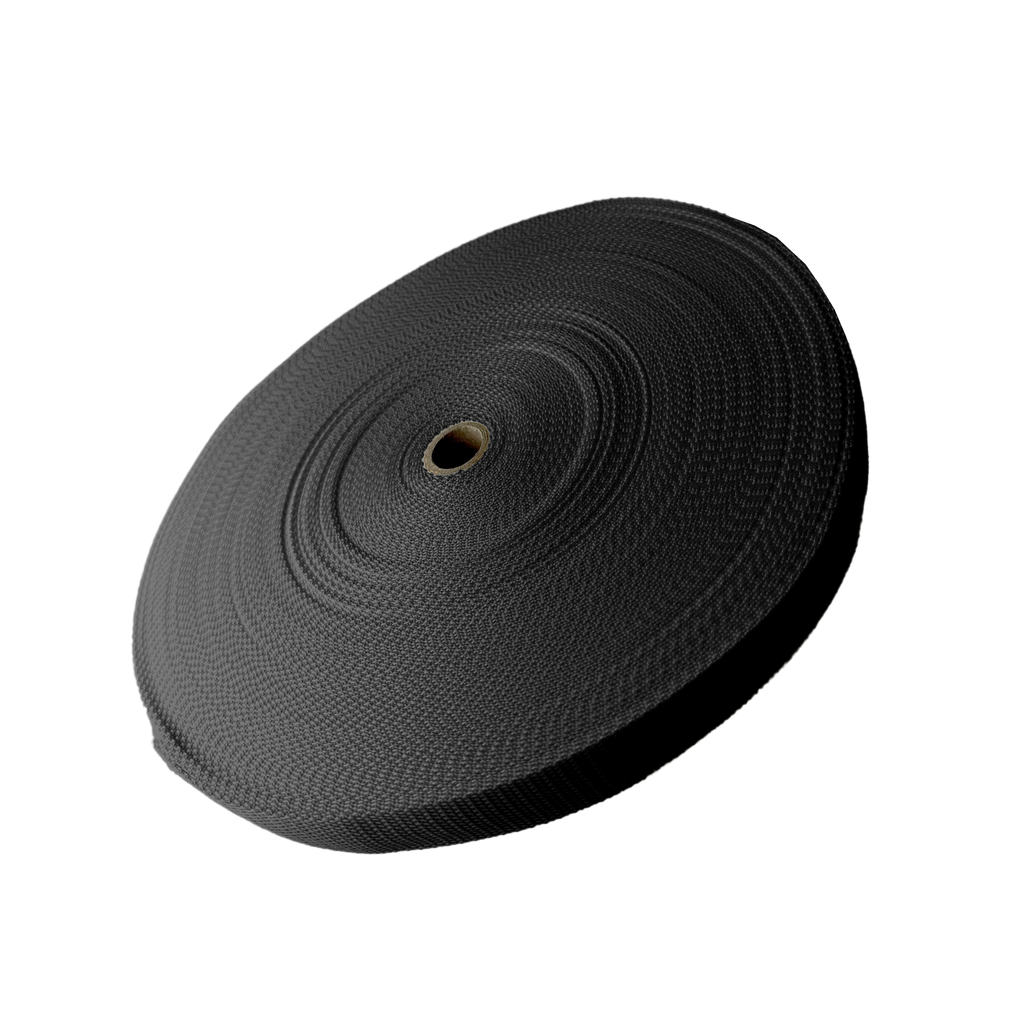 black 1" polypro webbing on a spool from Heit's Wholesale bulk sewing supply company