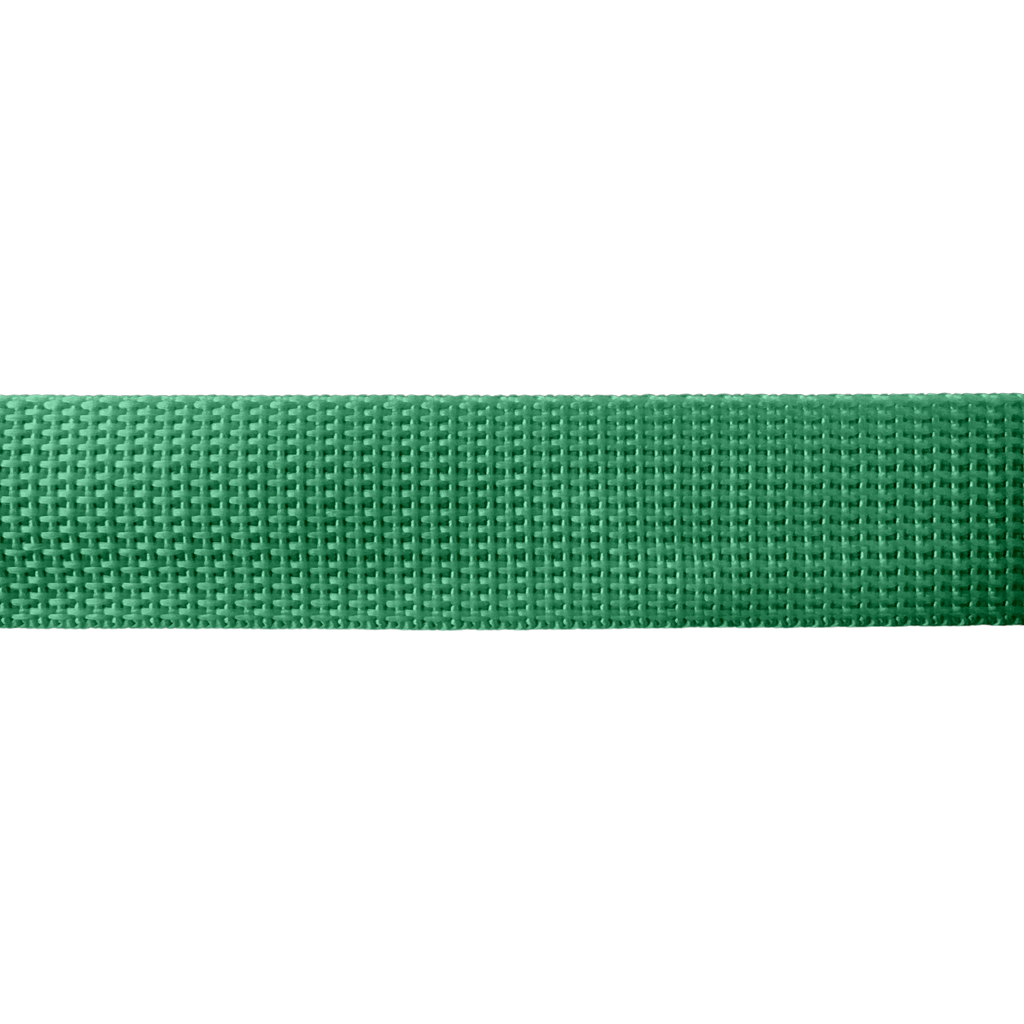 close up of the emerald green 1" polypro webbing on a spool from Heit's Wholesale bulk sewing supply company