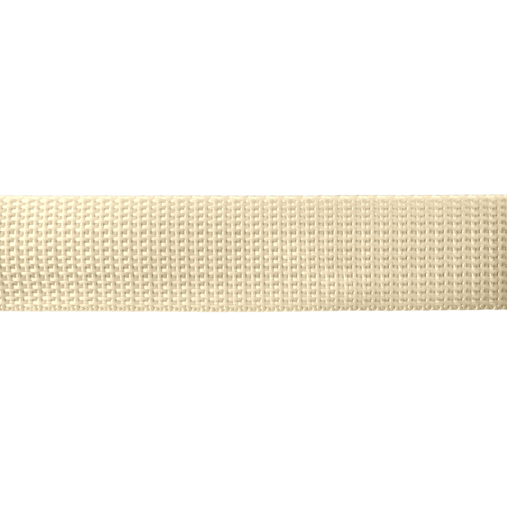 close up of the ivory 1" polypro webbing on a spool from Heit's Wholesale bulk sewing supply company