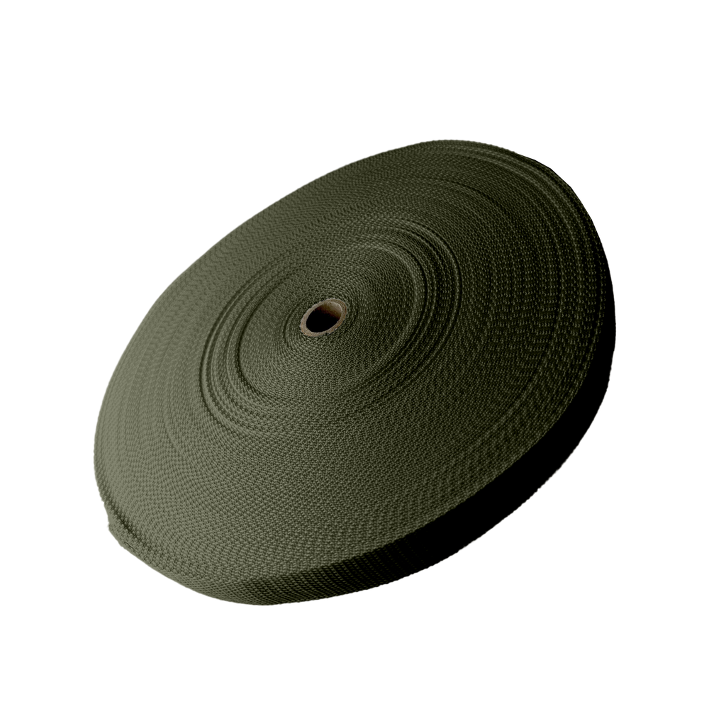 olive 1" polypro webbing on a spool from Heit's Wholesale bulk sewing supply company