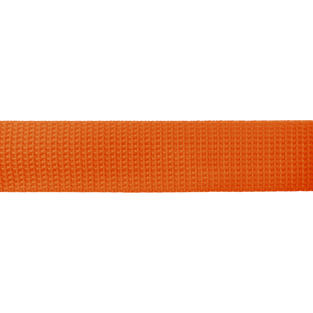 close up of the orange 1" polypro webbing on a spool from Heit's Wholesale bulk sewing supply company