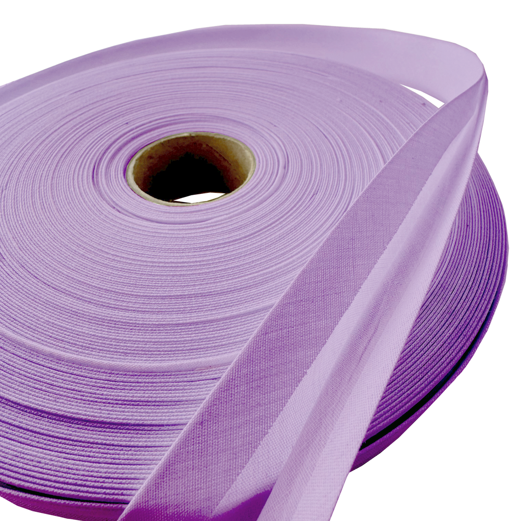 close up of the violet 1" double fold bias tape on a roll from Heit's Wholesale bulk sewing supply company