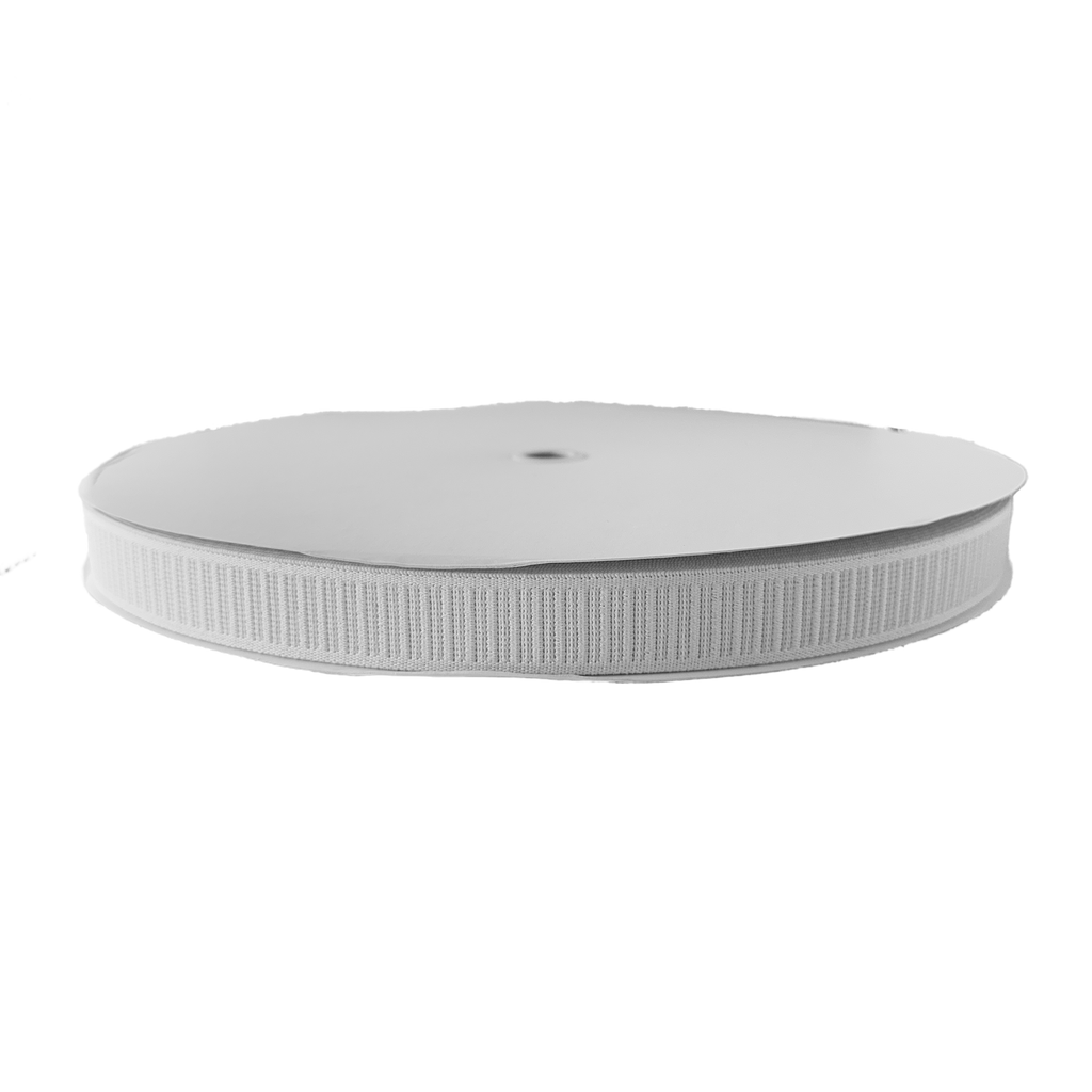 white 1" non-roll flat rib elastic on a spool from Heit's Wholesale bulk sewing supply company