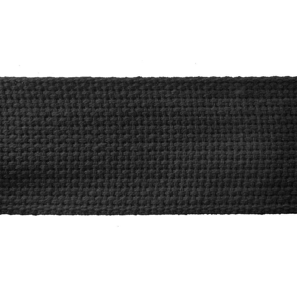 close up of the black 2" cotton webbing on a spool from Heit's Wholesale bulk sewing supply company