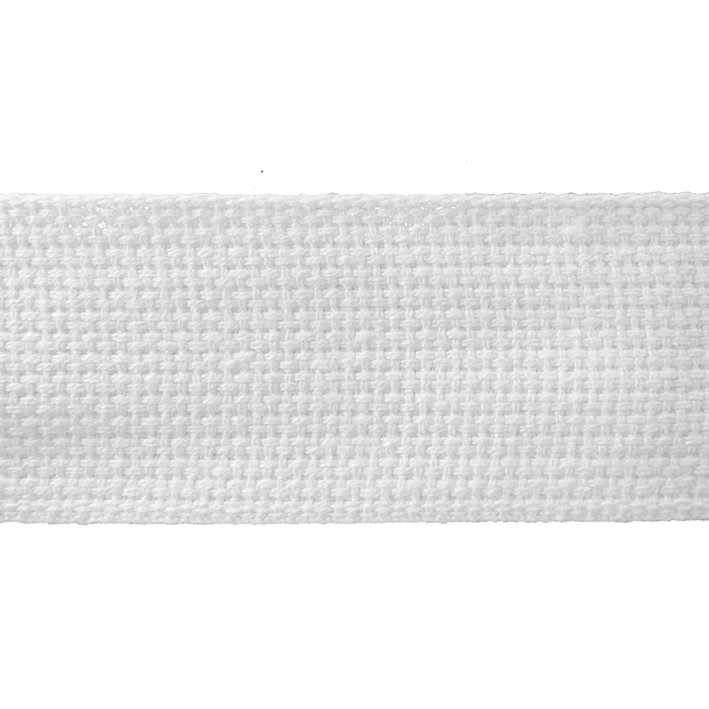 close up of the white 2" cotton webbing on a spool from Heit's Wholesale bulk sewing supply company