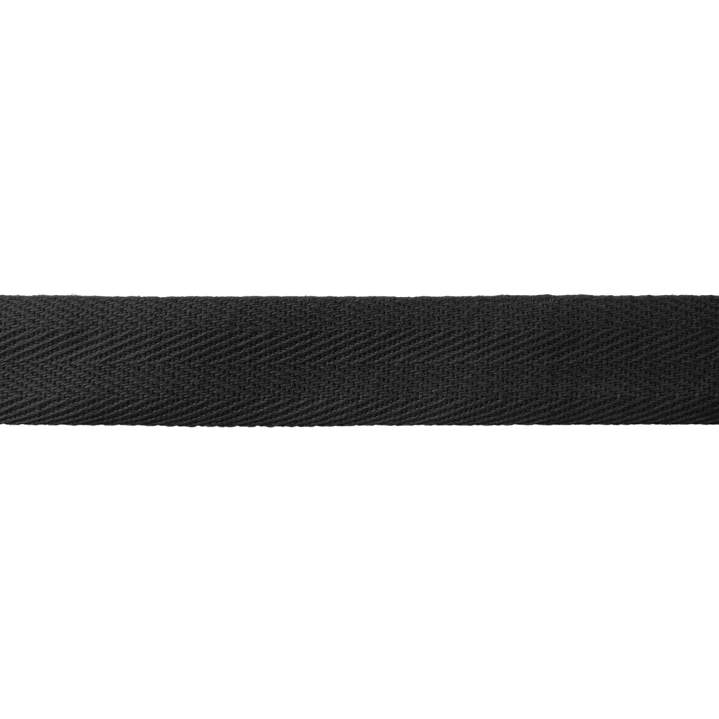 close up of the black 3/4" cotton twill tape on a spool from Heit's Wholesale bulk sewing supply company