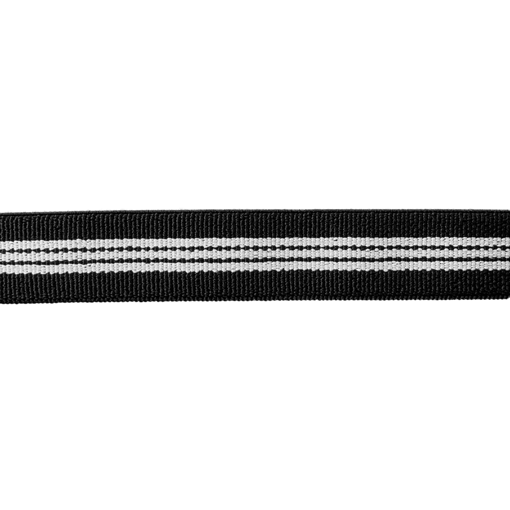 black and white striped 3/4" suspender elastic with white back from Heit's Wholesale bulk sewing supply company