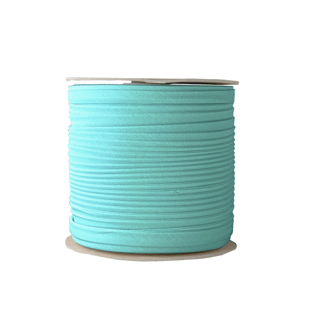 aqua 3/8" double fold bias tape on a spool from Heit's Wholesale bulk sewing supply company