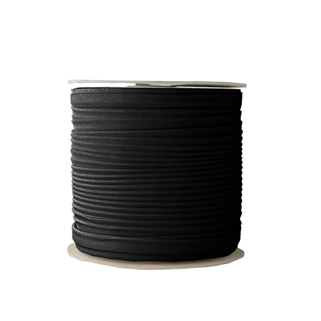 black 3/8" double fold bias tape on a spool from Heit's Wholesale bulk sewing supply company