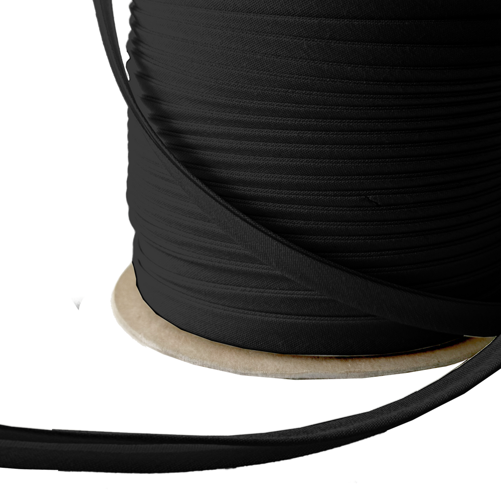 close up of the black 3/8" double fold bias tape on a spool from Heit's Wholesale bulk sewing supply company