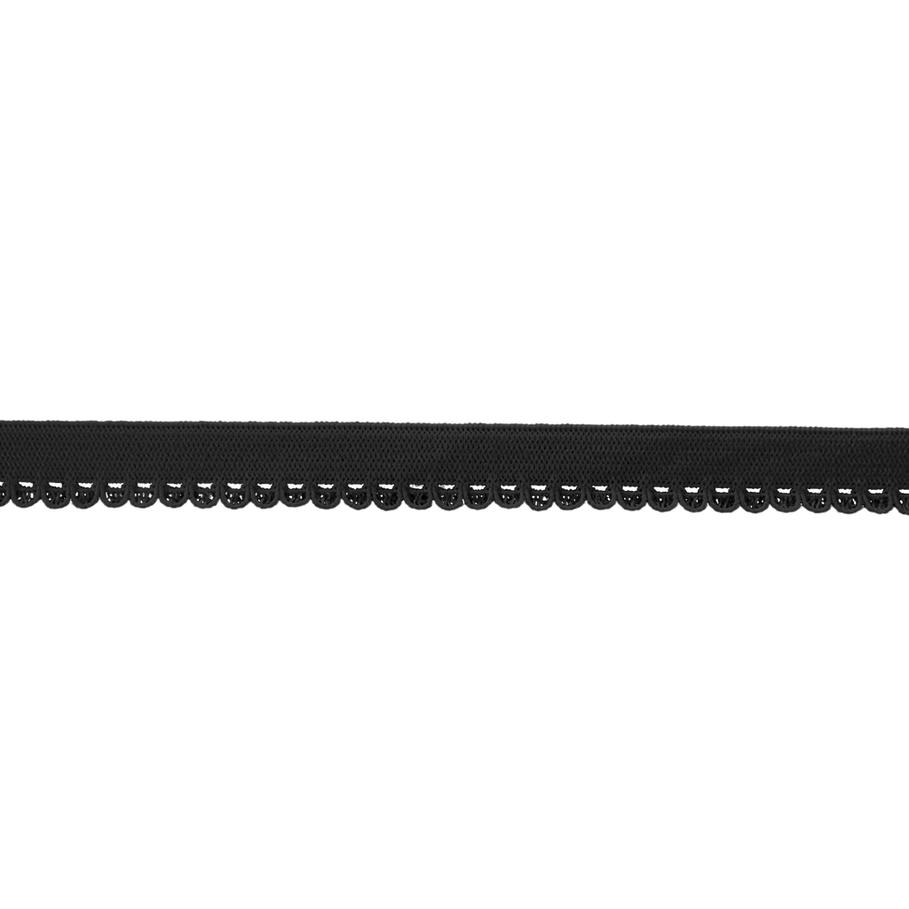 black 3/8" knit loop edge elastic on a spool from Heit's Wholesale bulk sewing supply company