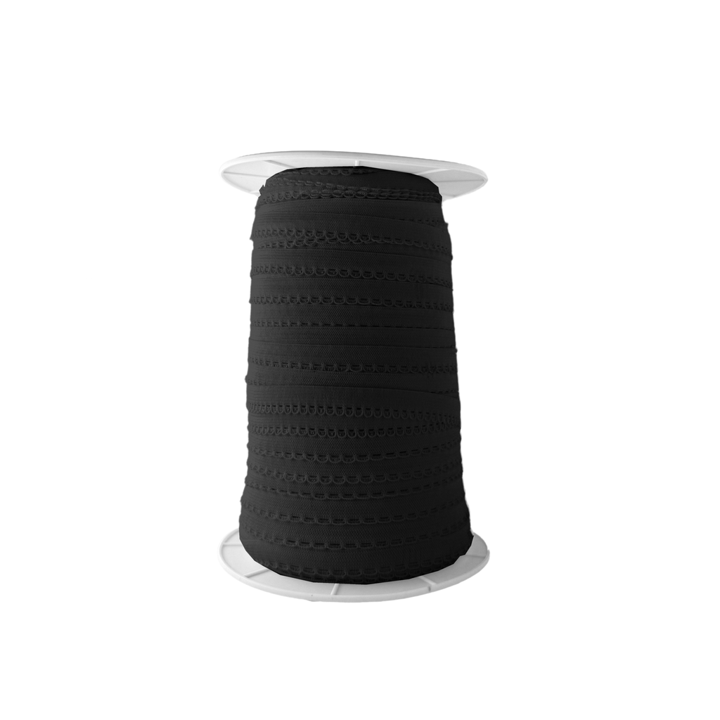 black 3/8" knit loop edge elastic on a spool from Heit's Wholesale bulk sewing supply company