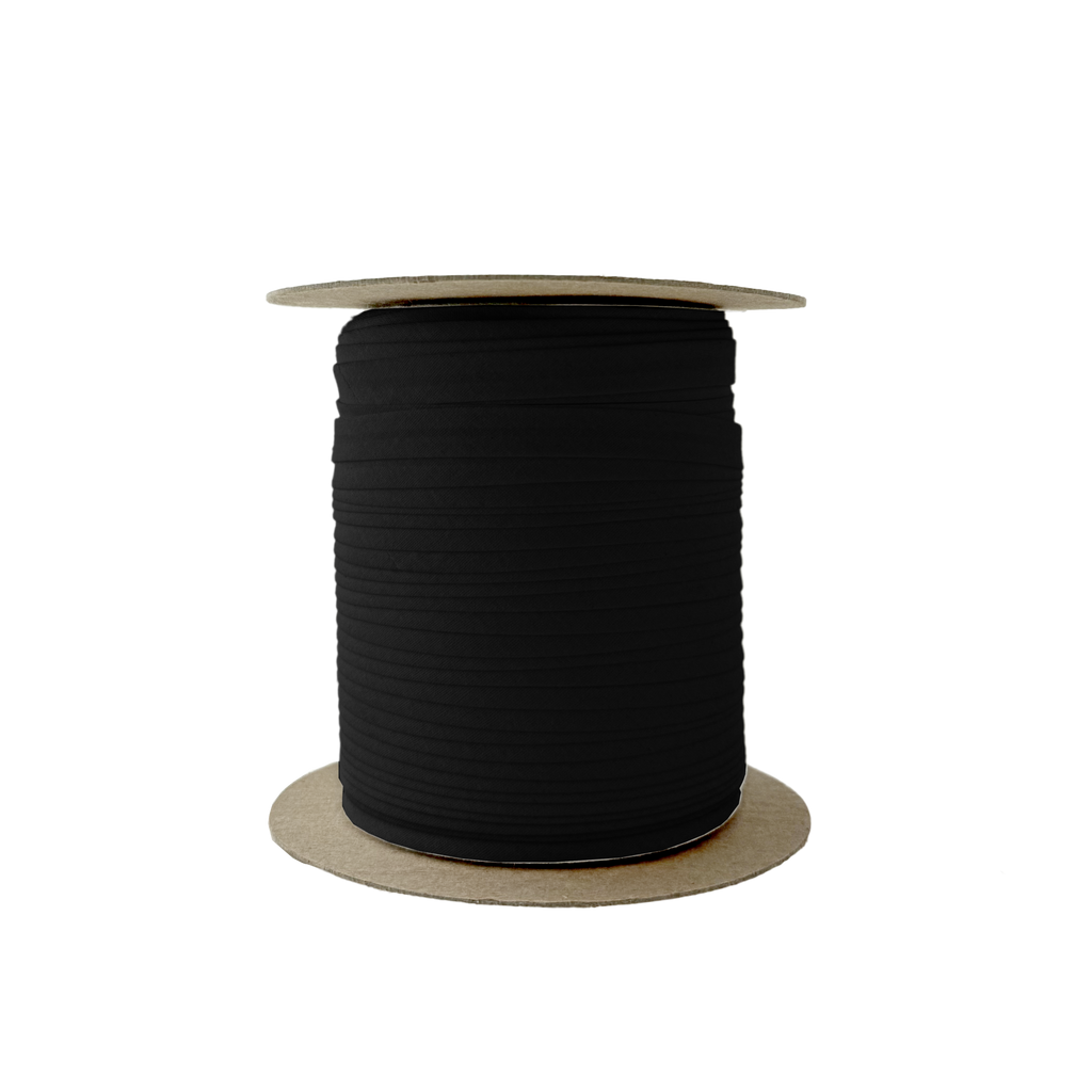 black 3/8" single fold bias tape on a spool from Heit's Wholesale bulk sewing supply company 