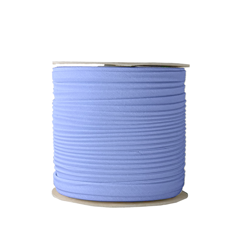 blue crest 3/8" double fold bias tape on a spool from Heit's Wholesale bulk sewing supply company 