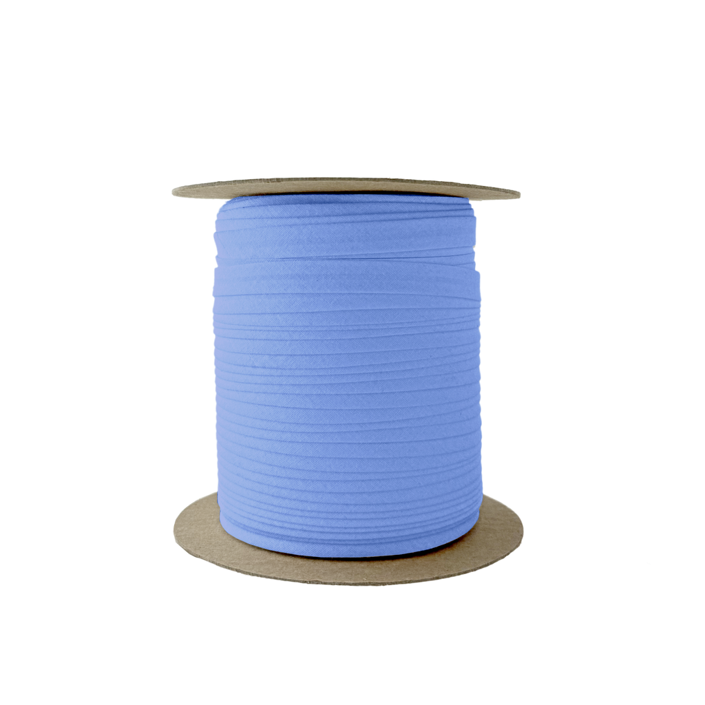 blue crest 3/8" single fold bias tape on a spool from Heit's Wholesale bulk sewing supply company