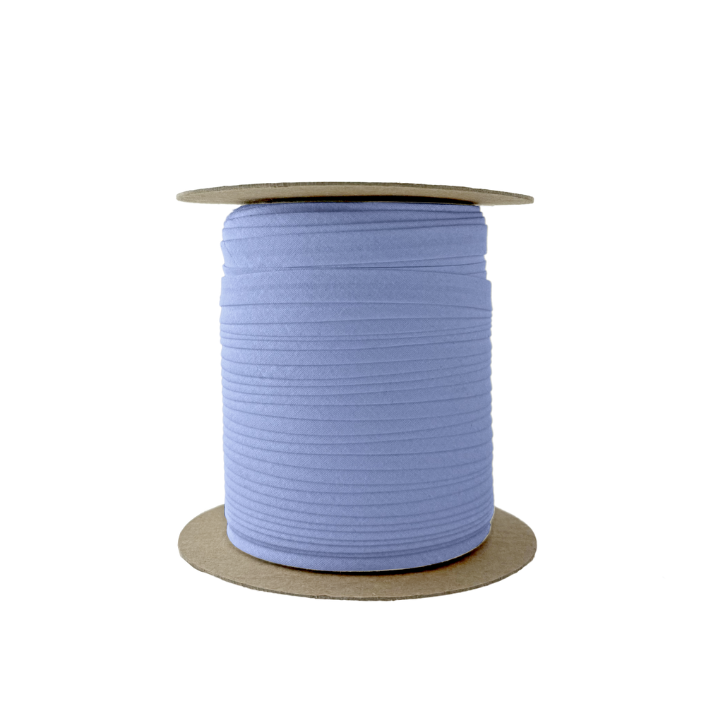 denim blue 3/8" single fold bias tape on a spool from Heit's Wholesale bulk sewing supply company