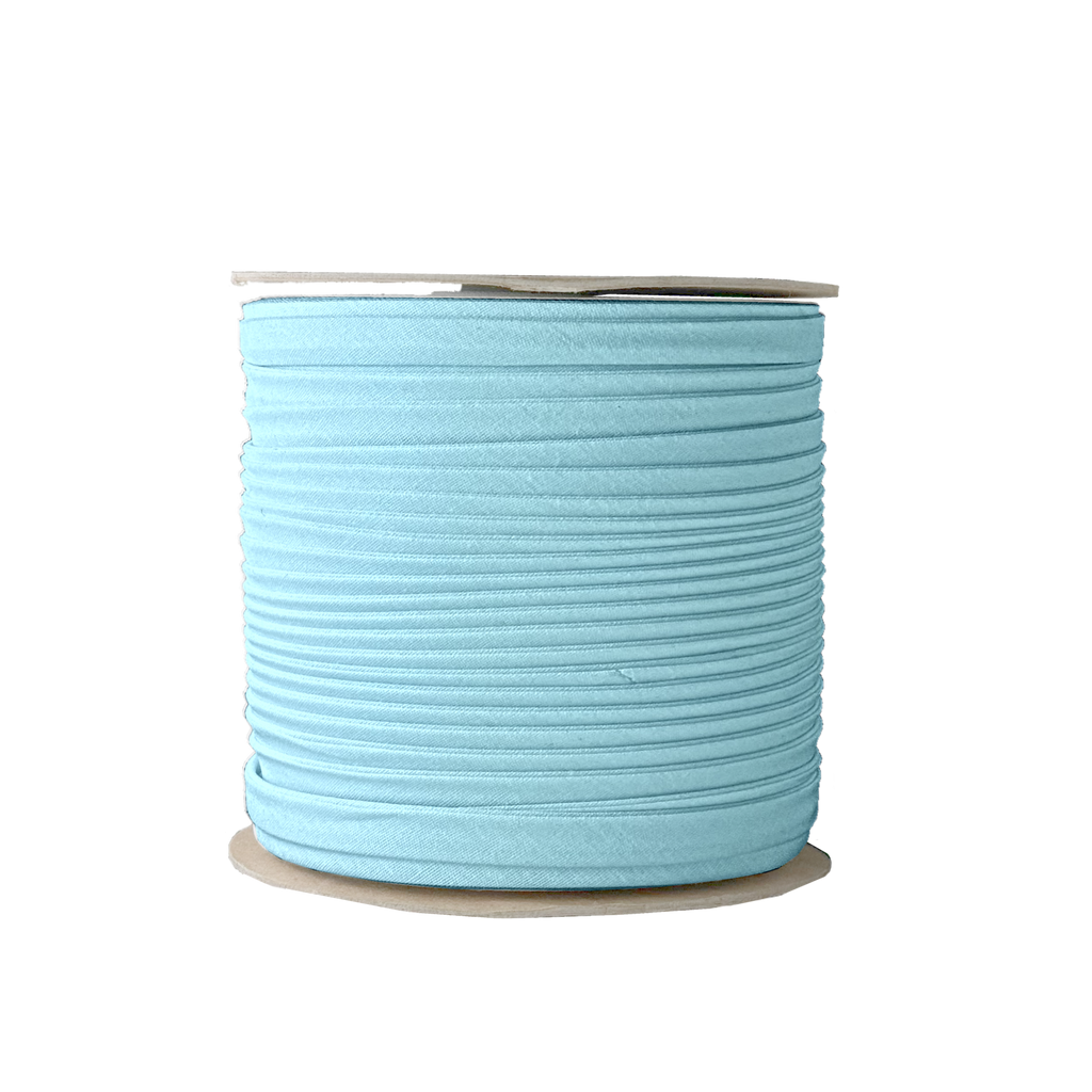 blue 3/8" double fold bias tape on a spool from Heit's Wholesale bulk sewing supply company 