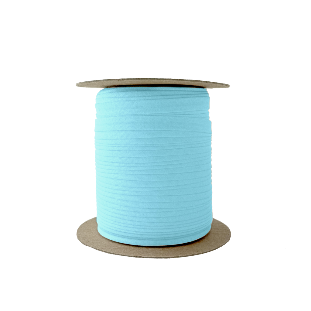 blue 3/8" single fold bias tape on a spool from Heit's Wholesale bulk sewing supply company
