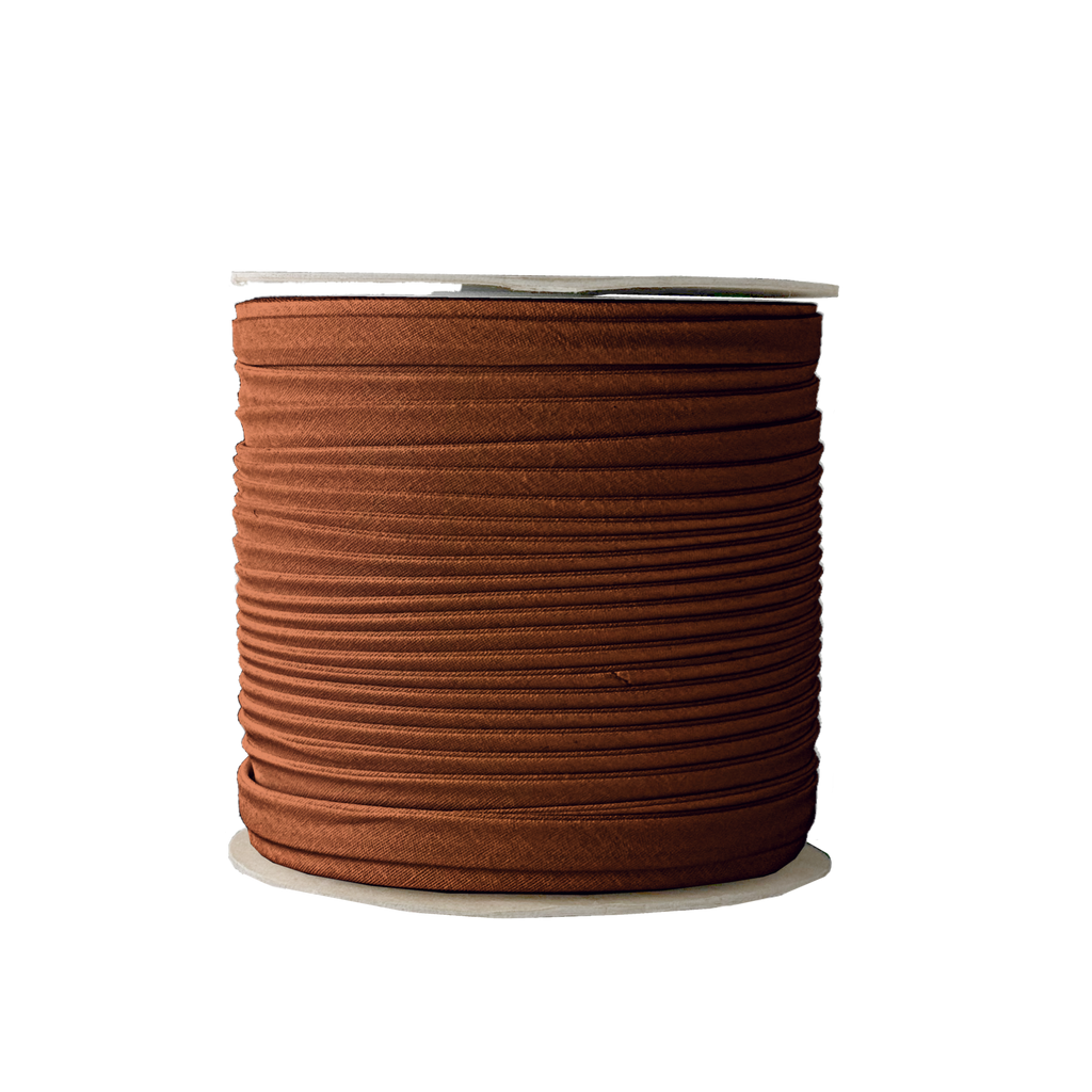 brown 3/8" double fold bias tape on a spool from Heit's Wholesale bulk sewing supply company 