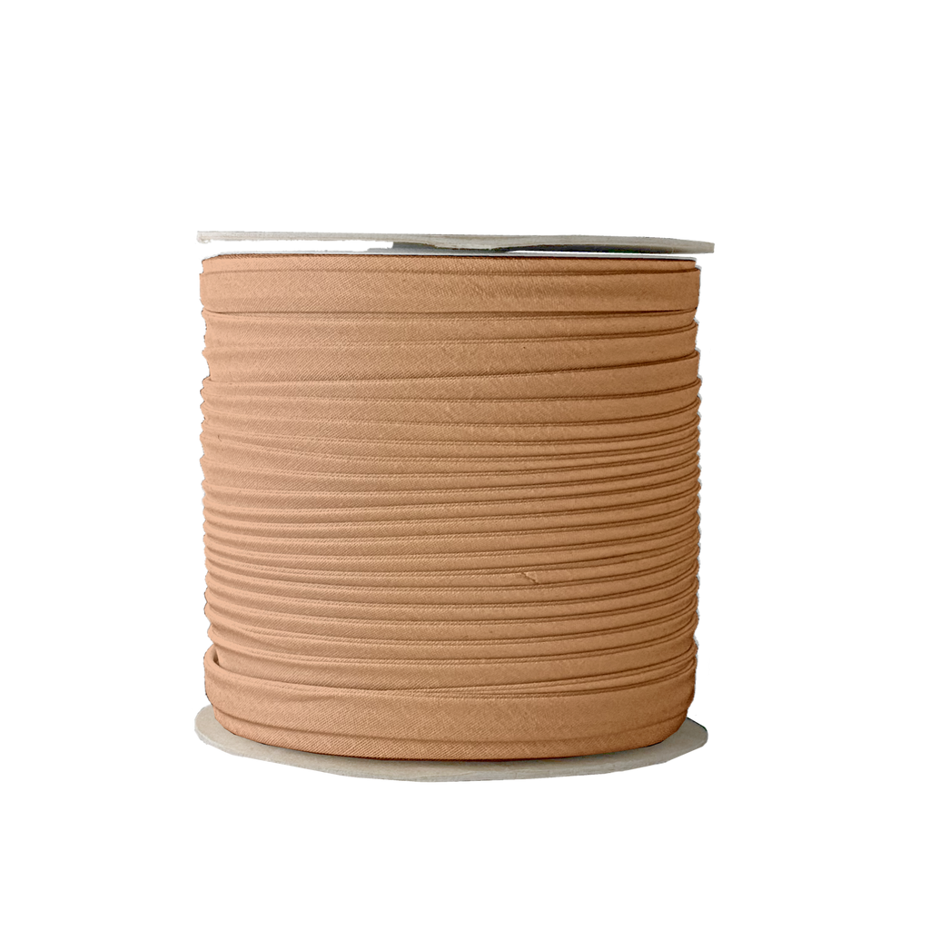 camel brown 3/8" double fold bias tape on a spool from Heit's Wholesale bulk sewing supply company 