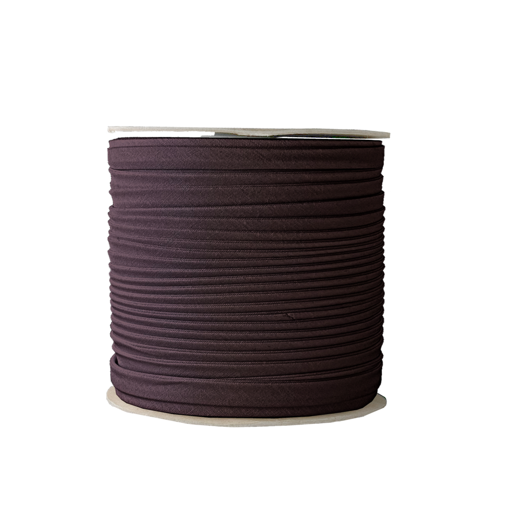 chocolate brown 3/8" double fold bias tape on a spool from Heit's Wholesale bulk sewing supply company 