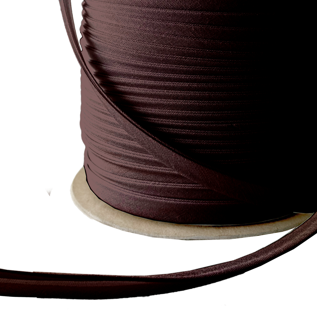 close up of the chocolate brown 3/8" double fold bias tape on a spool from Heit's Wholesale bulk sewing supply company 