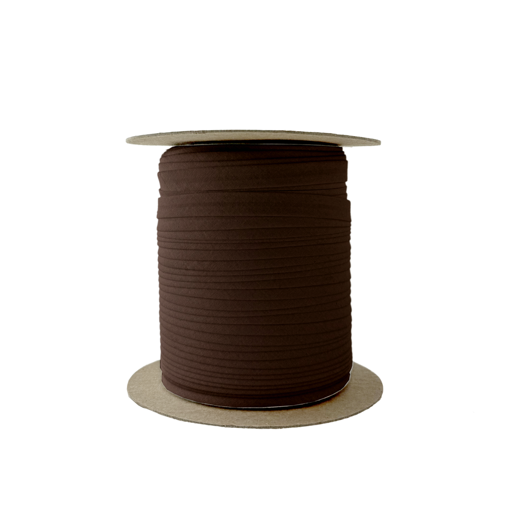 chocolate brown 3/8" single fold bias tape on a spool from Heit's Wholesale bulk sewing supply company