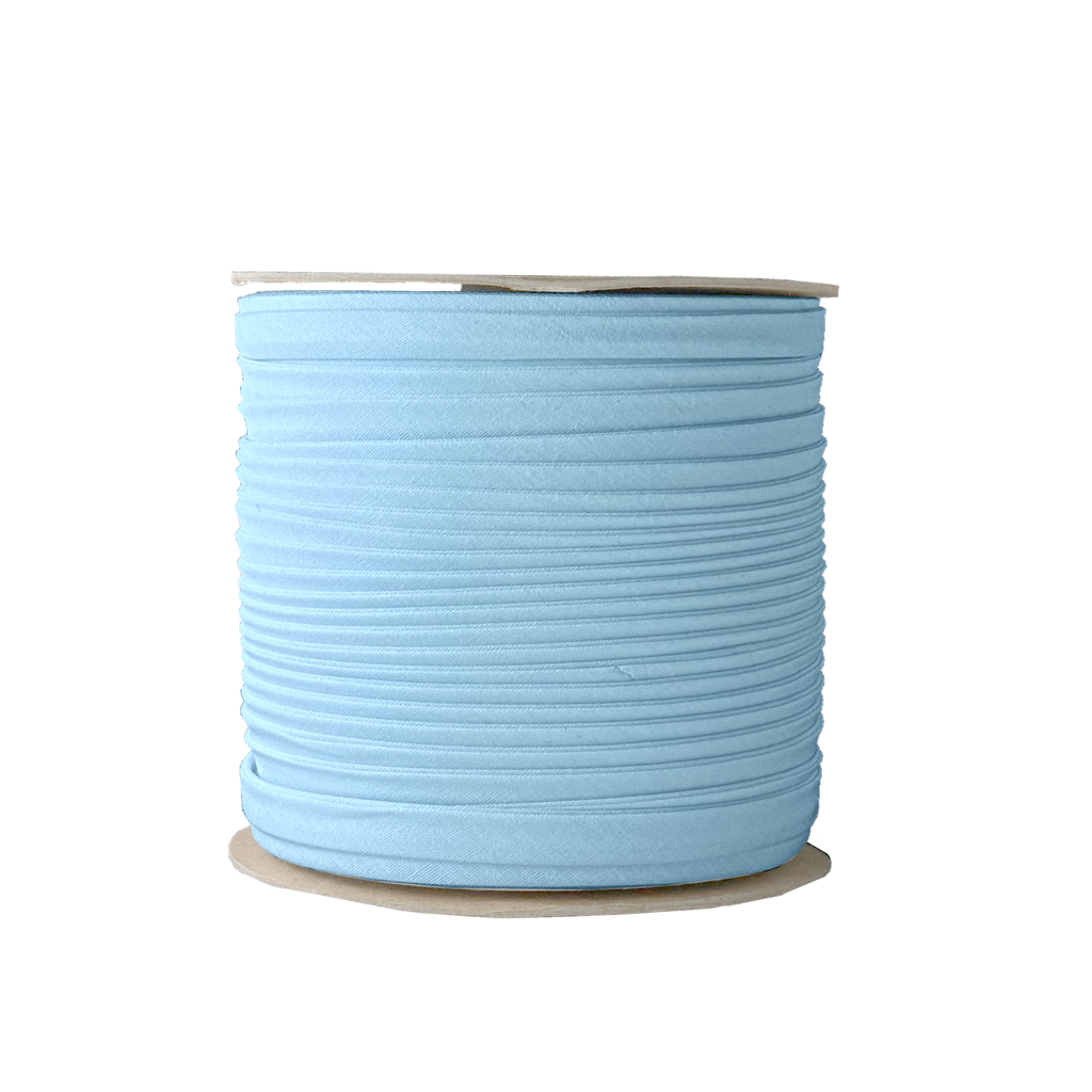 cloud blue 3/8" double fold bias tape on a spool from Heit's Wholesale bulk sewing supply company 