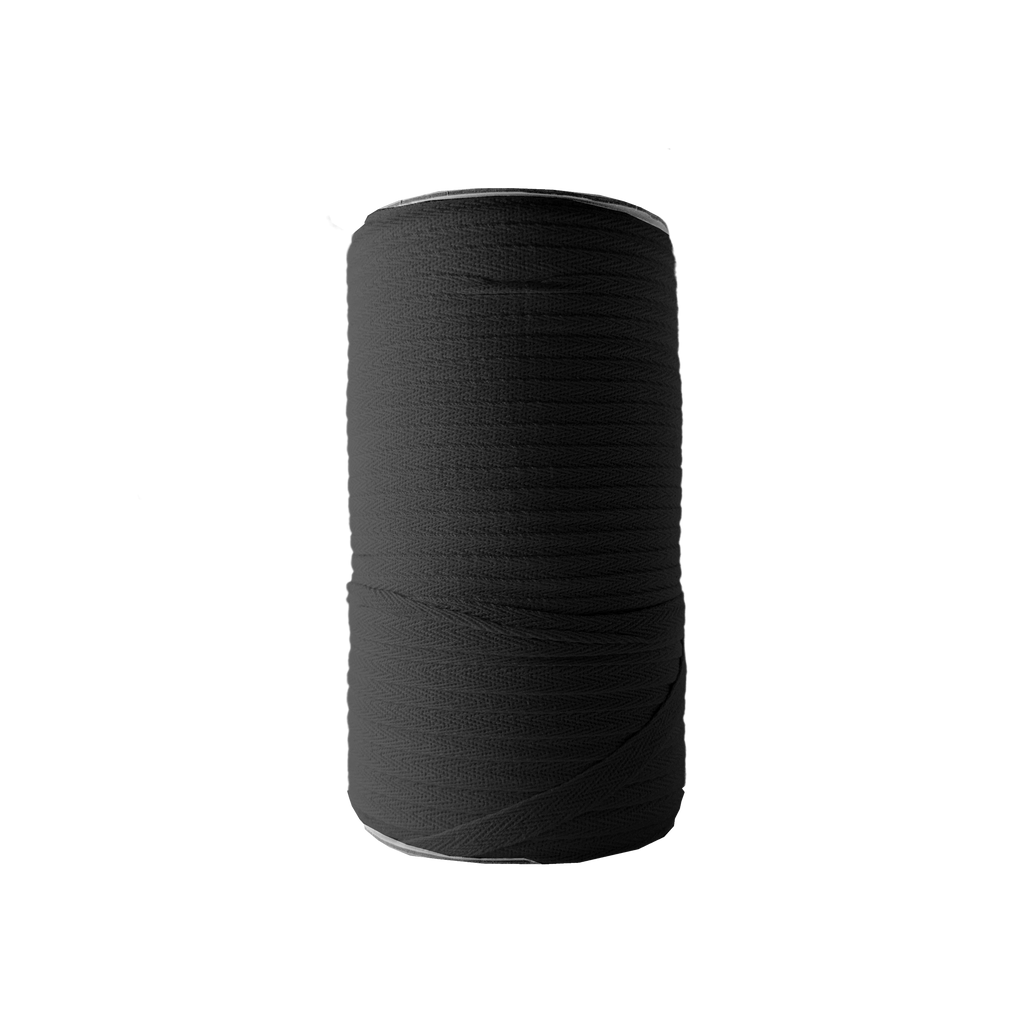 black 3/8" cotton twill tape on a spool from Heit's Wholesale bulk sewing supply company