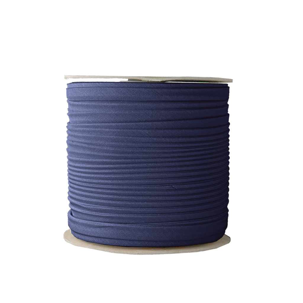 dark navy 3/8" double fold bias tape on a spool from Heit's Wholesale bulk sewing supply company 
